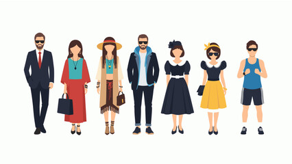 Diverse fashion styles and outfits. Flat vector cartoon characters representing different looks and personalities