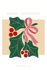 Christmas card, festive greeting Xmas poster design. Winter holiday postcard background with holly leaves, ribbon decoration, snow pattern, seasonal typography, lettering. Flat vector illustration