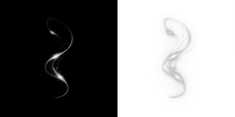 Abstract swirl design in contrasting black and white, featuring smooth flowing lines and luminous highlights, ideal for creative projects and digital overlays with copy space