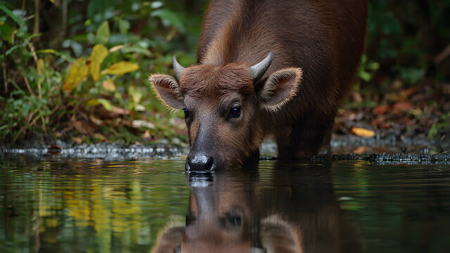 A young buffalo drinks from a calm forest pool, its reflection visible in the water for a serene wildlife portrait.