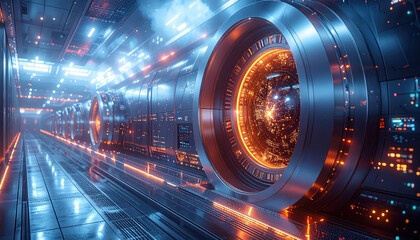 Futuristic corridor with glowing orange and blue lights features advanced technology, possibly quantum computing system, creating high tech and sci fi atmosphere