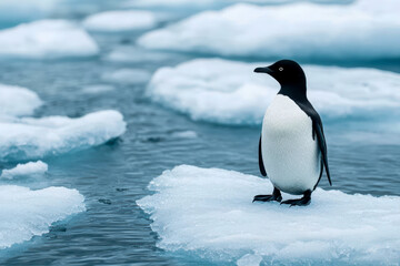 Obraz premium ocean pollution with oil spill and climate impact. Marine animal trapped between melting ice and oil-slicked sea, survival amid dual threats