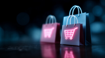 Digital shopping concept neon icons of cart and bags symbolizing online retail shopping, ecommerce, online store, digital marketing, retail, neon, technology, internet, web shop, p