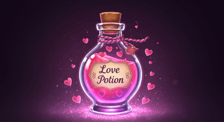 An enchanting digital illustration of a whimsical love potion bottle, filled with a glowing pink liquid and floating hearts, perfect for themes of magical romance and enchantment.