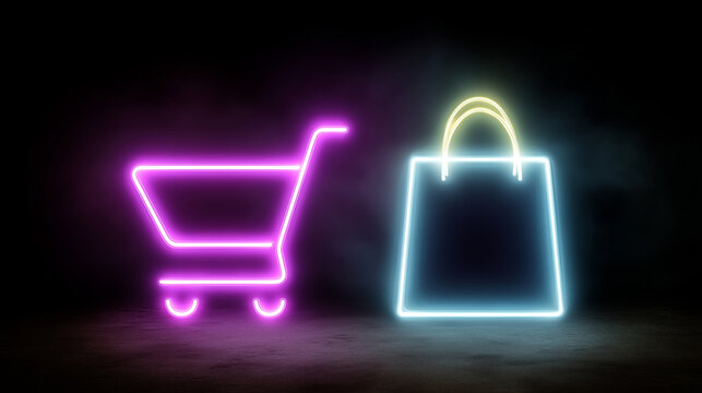 Digital shopping concept neon icons of cart and bags symbolizing online retail shopping, ecommerce, online store, digital marketing, retail, neon, technology, internet, web shop, p