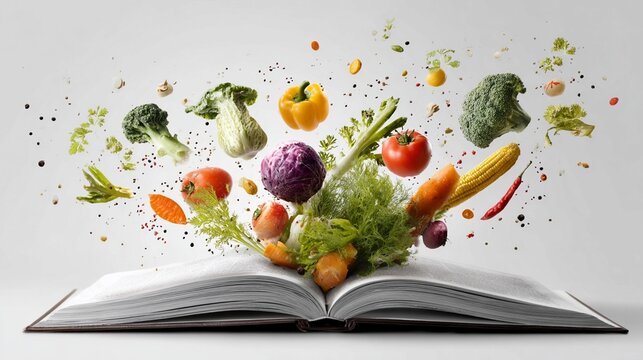 Colorful vegetables floating above an open book with scattered spices, showcasing healthy eating concepts and culinary knowledge