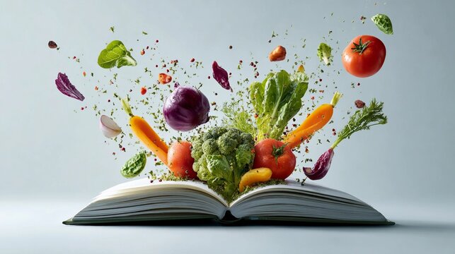 Colorful vegetables erupt from an open book, showcasing a creative blend of healthy food concepts and literature, emphasizing nutrition and culinary exploration