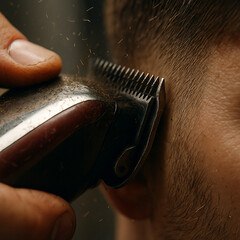 Close-Up of Hair Clipper Trimming Men’s Hair in Barber Detail Shot
