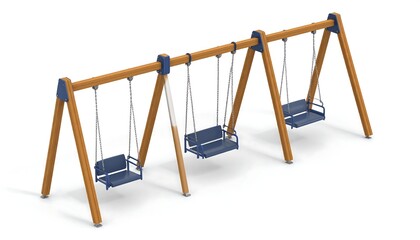 A 3D-rendered image of a playground swing set. Three individual swings are suspended from a wooden frame, each with a blue seat