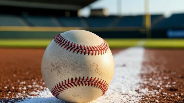 slightly worn baseball with prominent red stitching sits on rich brown dirt beside thick white chalk line A blurred green outfield and stadium seating are visible under bright sky