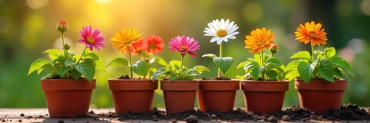 A cheerful scene of colorful flowers being planted in a terracotta pot, ready to brighten any space  Sunlight streams in, highlighting the vibrant blooms and fresh soil , potting, hobby, life