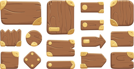Set of stylized wooden game interface buttons and frames, cartoon brown wood texture icons collection for app design and UI