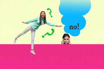 Banner 3d art pop image collage of happy businesswoman businessman answer question no ponder idea...