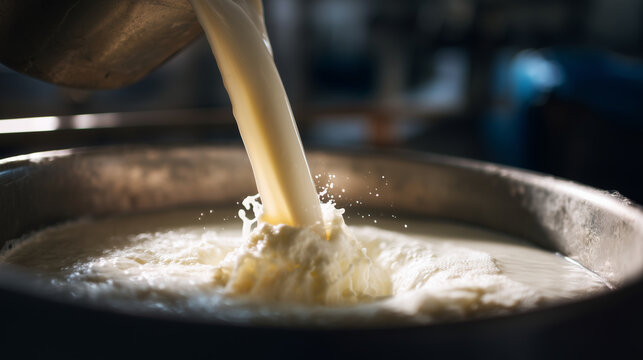 Dairy production close-up milk being poured into container during cheese manufacturing in sunlight dairy, milk, cheese, processing, food industry, agriculture, factory, production,