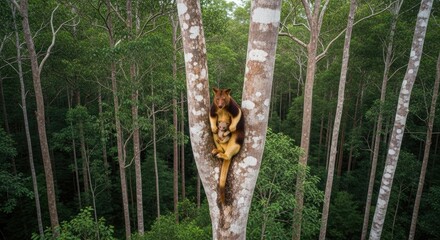 A Bennett&rsquo;s Tree-Kangaroo Cradling a Young Joey in the Fork of a Rainforest Tree