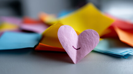 Smiling paper heart among colorful notes symbol of joy, connection, and emotional intelligence at work smile, hearts, paper art, positivity, workplace, emotion, happiness, kindness