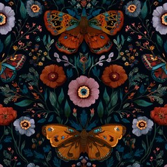 Vibrant floral and butterfly pattern showcasing intricate details and rich colors ideal for fabric design or wallpaper decoration