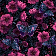 Colorful butterflies and vibrant flowers create a striking pattern in a dark background featuring shades of pink, purple, and blue in a lively, nature-inspired design