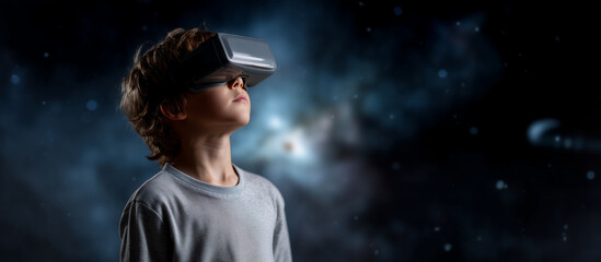 Little boy in virtual reality exploring galaxies and stars through futuristic VR headset virtual reality, VR, child, technology, galaxy, space, stars, innovation, imagination, lear