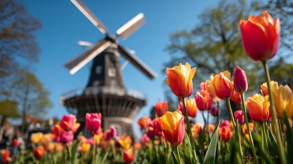 Colorful tulips bloom in front of a traditional windmill under a clear blue sky during springtime in a European garden