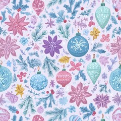 Colorful holiday ornaments and floral designs create a festive atmosphere for winter celebrations and seasonal decorations in a cheerful pattern