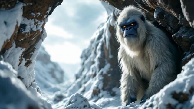 A mysterious yeti creature emerging from a snowy cave high in the mountains. Cold, dramatic winter scene evoking mystery, adventure, and folklore. Mysterious Yeti Creature