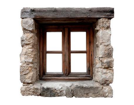 Rustic wooden window in stone wall with aged wooden frame and weathered texture on transparent background