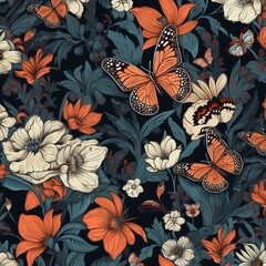 Vibrant garden filled with blooming flowers and colorful butterflies in a rich, dark background design, showcasing nature's beauty in exquisite patterns
