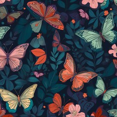 Colorful butterflies flutter among vibrant flowers in a lush garden setting during late spring, creating a lively and picturesque scene filled with nature's beauty