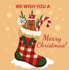 A bright vector Christmas illustration featuring a Christmas stocking, fir branches, gingerbread, lollipop on a light background. Perfect for holiday cards, winter backgrounds, New Year's designs