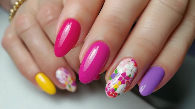 Colorful manicure transformation on trendy nail art with floral accents
