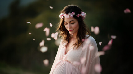 Dreamy maternity portrait glowing pregnant woman with flowers and soft petals in motion maternity, pregnancy, motherhood, feminine, flower crown, petals, portrait, beauty, woman, l