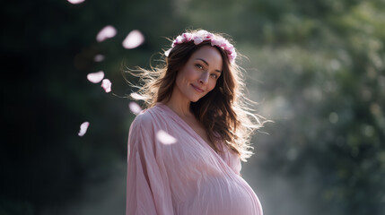 Dreamy maternity portrait glowing pregnant woman with flowers and soft petals in motion maternity, pregnancy, motherhood, feminine, flower crown, petals, portrait, beauty, woman, l