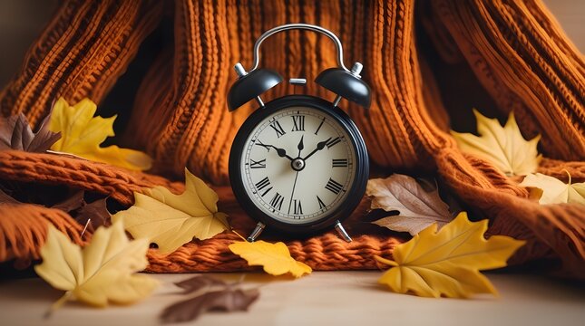 Alarm clock and autumn leaves with clothes on wooden background. Daylight saving time end
