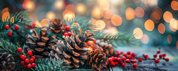 Christmas Pinecones and Red Berries with Warm Lights