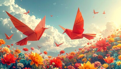 Red origami bird flying above colorful paper flowers and soft clouds.