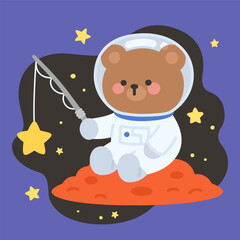 Astronaut Bear Fishing for Star while Sitting on Planet in Space