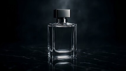 Luxury Perfume Bottle on Reflective Black Marble Surface under Cinematic Lighting with Soft Mist Atmosphere