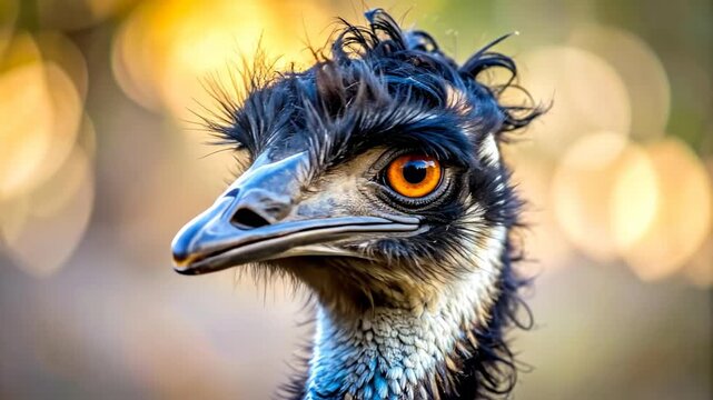 Close up of an Emu bird with bright orange eyes and messy feathers.