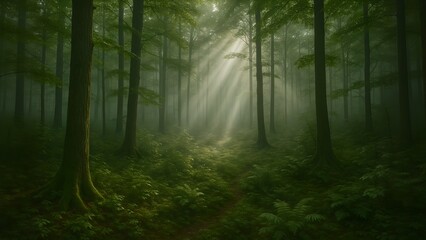 Fototapeta premium Morning Sunlight in Misty Green Forest with Lush Trees and Soft Atmospheric Light Beams