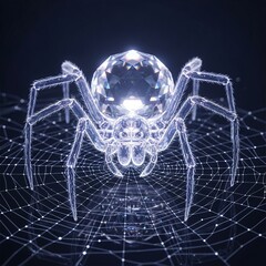 A mesmerizing 3d render showcases a crystal spider gracefully perched on its intricate web, illuminated by a soft, ethereal glow against a dark backdrop