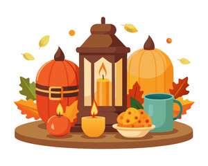Lanterns and candles for Thanksgiving dinner table, cozy holiday illustration isolated on white background