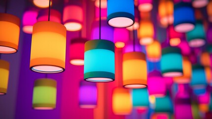Colorful Cylindrical Lights Hanging From Ceiling