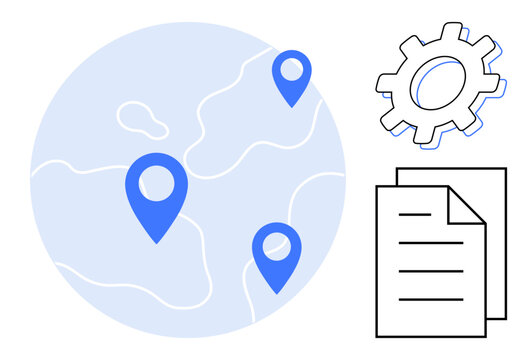 Blue map with location pins, gear illustration, and document outlines suggesting global navigation, location strategy, project management, and operational planning. Ideal for logistics, teamwork