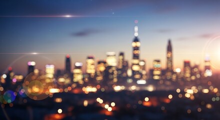 Fototapeta premium Blurry cityscape at dusk with illuminated skyscrapers and lights