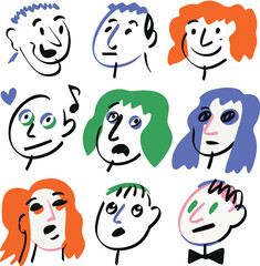 Collection of whimsical cartoon faces with various expressions and hairstyles art