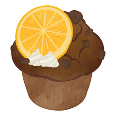 Chocolate muffin with orange slices