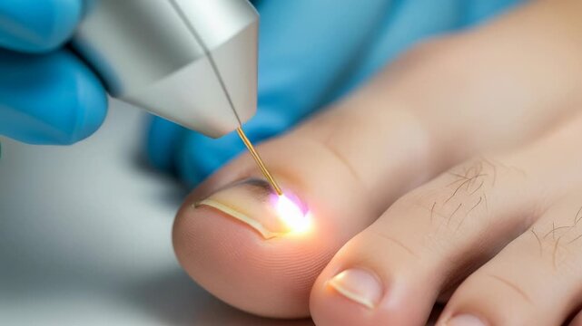 Laser therapy treatment for stubborn fungal nail infection on adult toe in podiatrist office