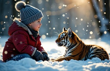 A young child in winter clothing sitting in snow and observing a tiger cub outdoors