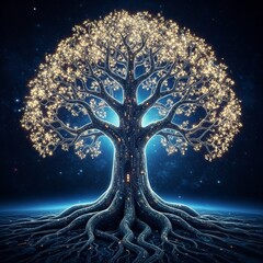 A glowing tree of life, its branches reaching towards the night sky, symbolizing growth, interconnectedness, and the flow of energy through all living things